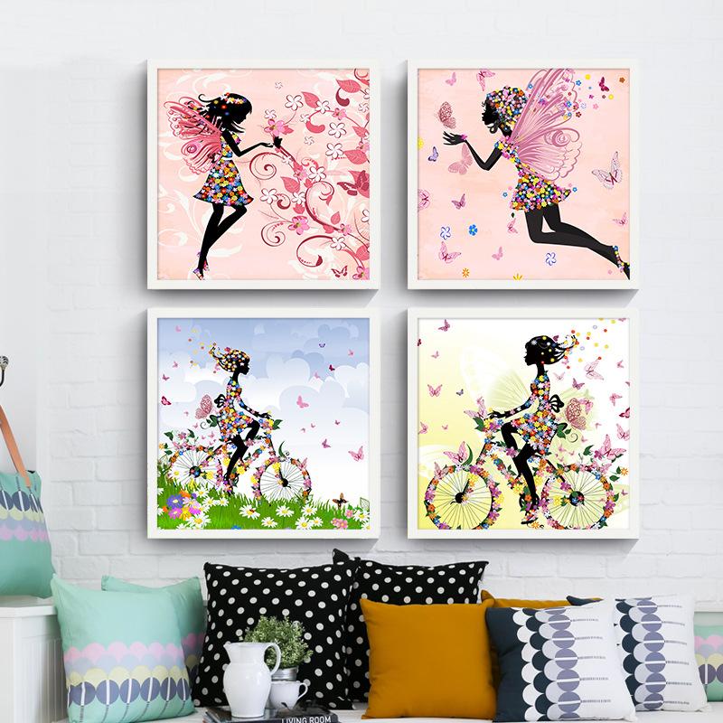 Nordic Canvas Painting Cartoon Square Posters Dancing Riding a Bike Horse Driving a Car Beautiful Girls for Girl's Room