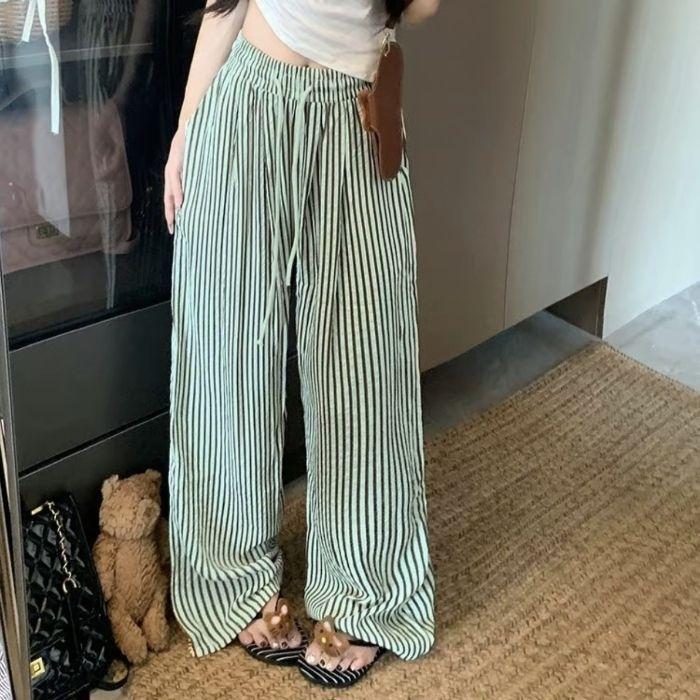 Pantaloni Casual Coreeni cu Dungi Verticale pentru Femei În Vară Noi Largi cu Bule cu Dungi cu Picior Larg Versatili