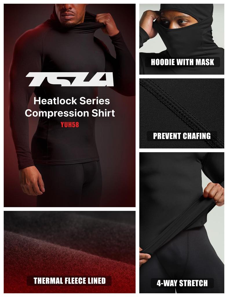 Tesla Sports and Long Sleeve Hoodie with Mask and Face Compression Cold Inner Running Sports Thermal Men's Undershirt, Fleece-Lined, Moisture-Wicking,