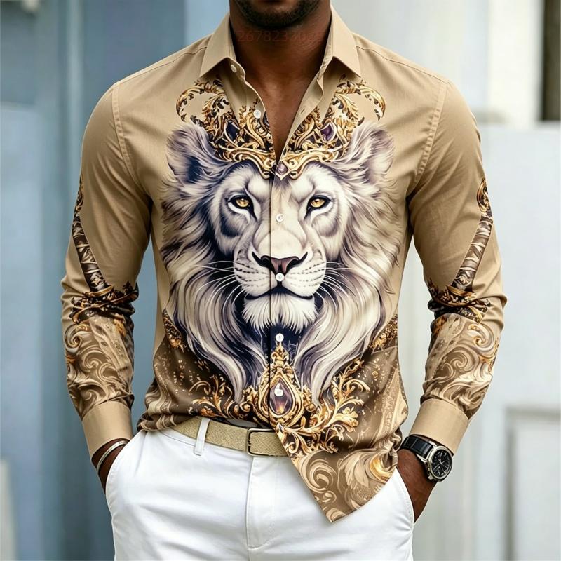 Camicia da uomo a maniche lunghe con colletto camicia Stampa Re Leone camicia business casual alla moda casual taglia grande vestibilità aderente top da uomo