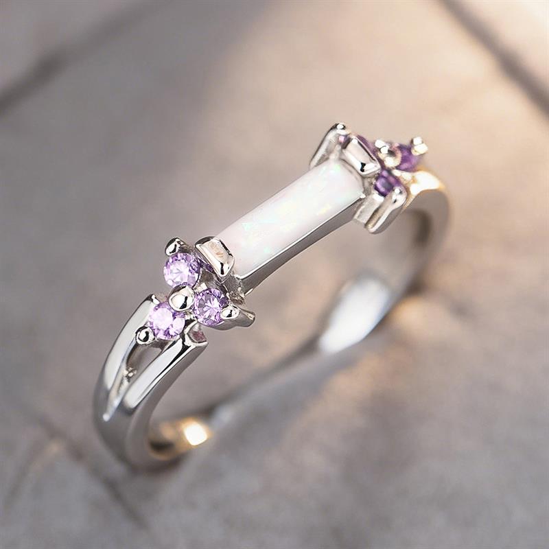 Huitan Women Ring Imitation Opal Versatile Wedding Party Thin Accessories Inlaid Shiny Purple CZ Elegant Low-key Daily Jewelry