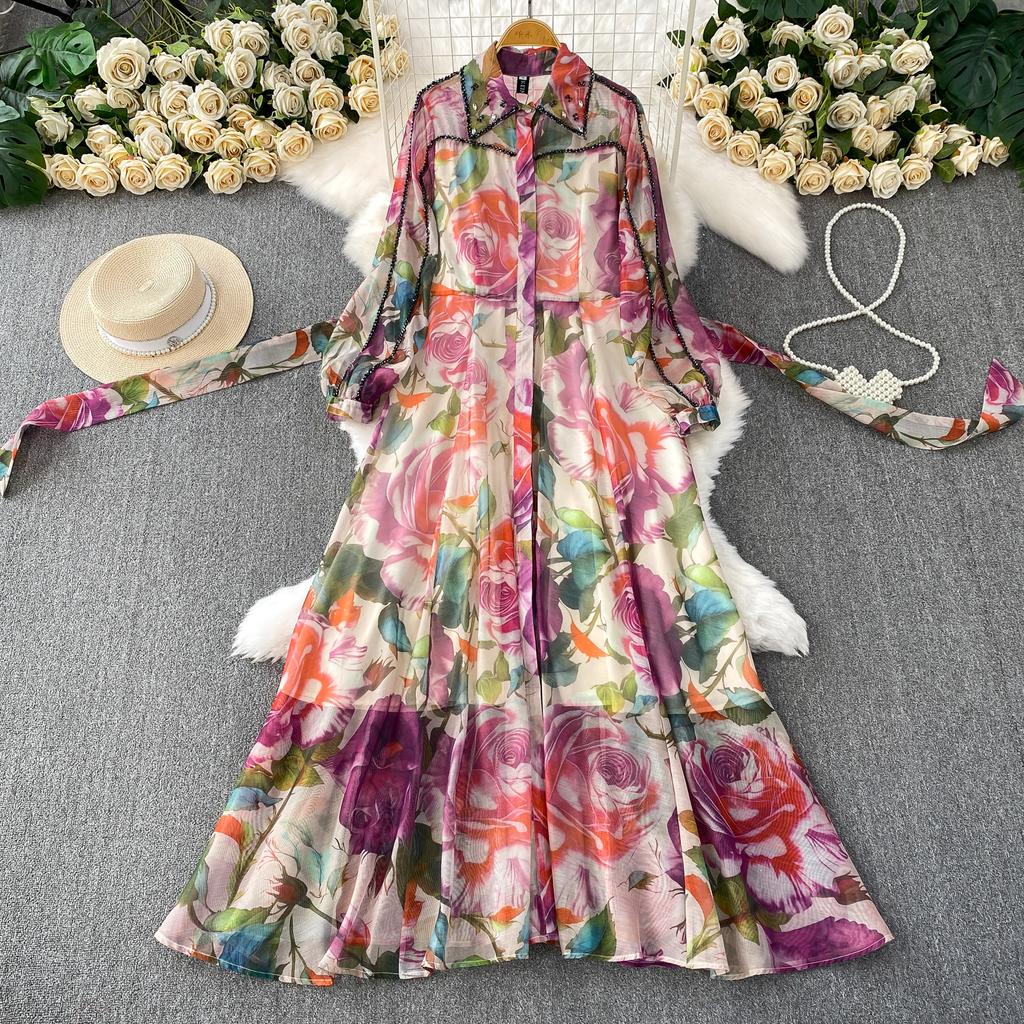 Diamond Embedded Gemstone Collared Long Dr Women's Slimming Beautiful Holiday Print Full Dresses  A-Line Woman Dress