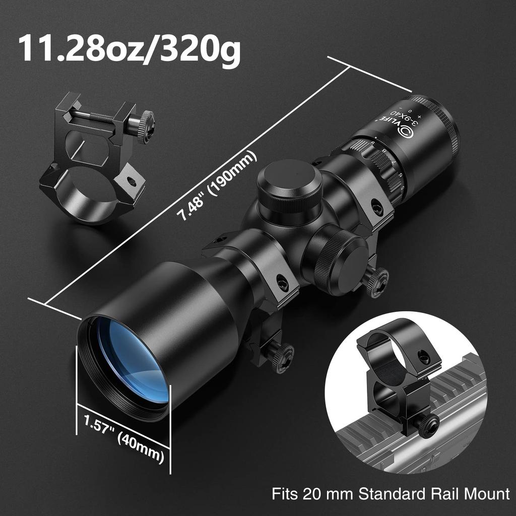 3-9x40 Compact RifleScope Crosshair Reticle with Mounts for Quick Aiming Made Of High-strength Aluminum Alloy