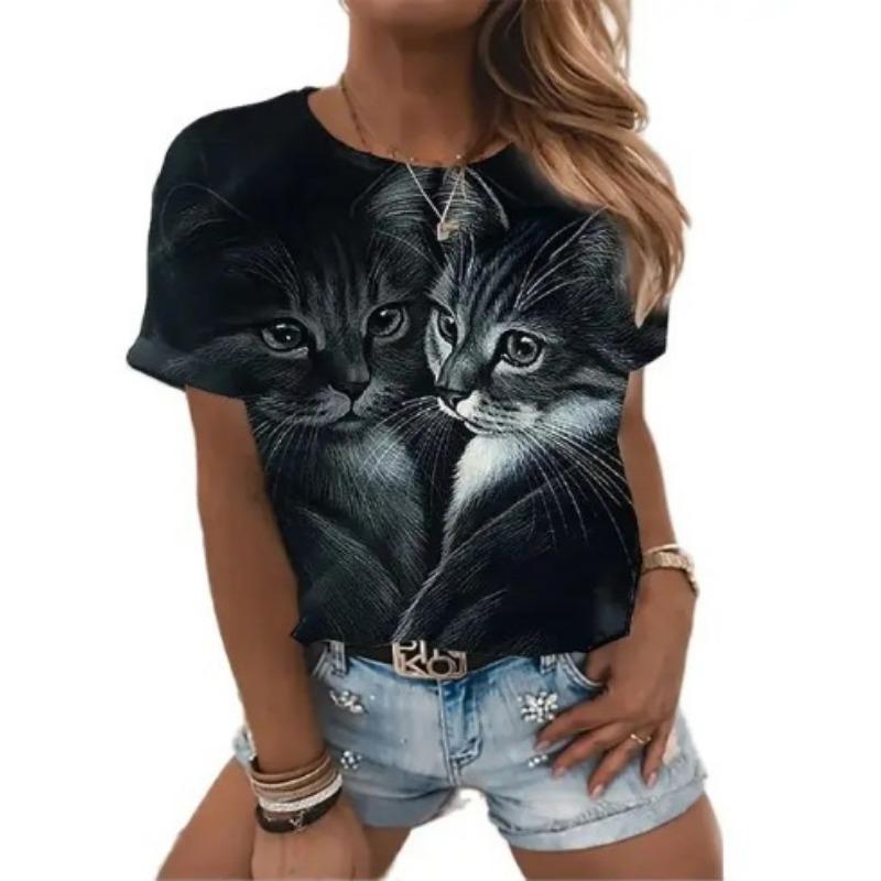 Zomer Dames T-shirt met Korte Mouwen Schattige Kat 3D Geprint Losse Casual Ronde Hals Dameskleding T-shirts Dames