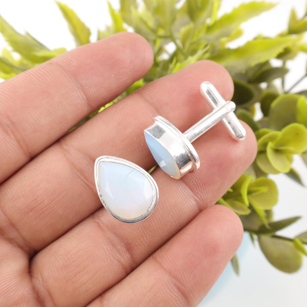 Milky Opal Gemstone 925 Sterling Silver Handmade Cufflinks 0.66" Gift For Him CL-6-18