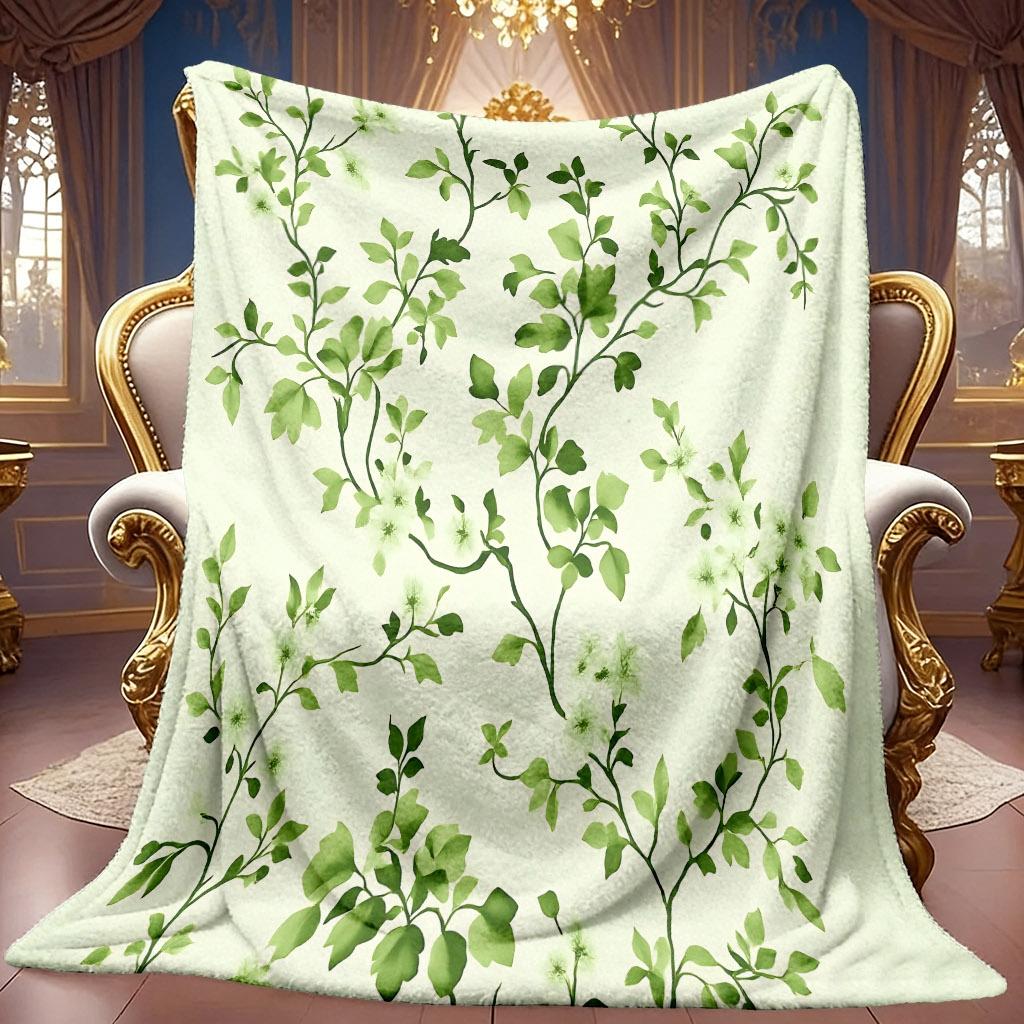 1pc 2D Green Vine White Flower Theme Pattern Flannel Blanket, Soft HD Digital Print Cooling Blanket Suitable for All Seasons! Soft And Breathable 100%