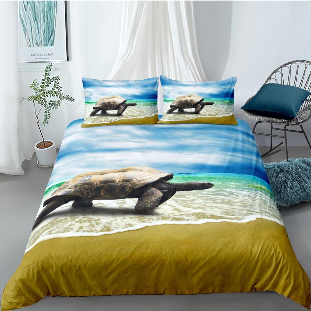 Ocean Duvet Cover Set Queen Double Size Polyester Ocean Animals Fishes Tortoise And Rainbow Color Coral Printed Comforter Cover