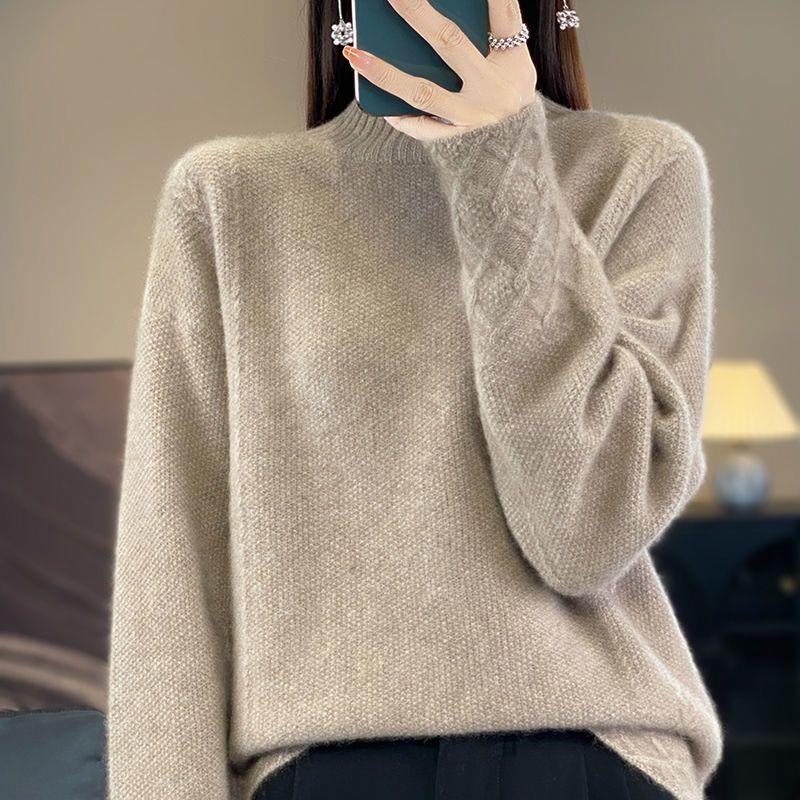 Women's Clothing Solid Color Pullover Long Sleeve Sweater Knitted Elegant Casual Autumn Winter Half High Collar Office Lady Tops
