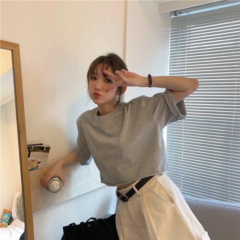 Damen Sommer Koreanischer Stil Baumwolle Crop Top – Kurzärmlig, Lockere Passform, Vielseitig und Trendig