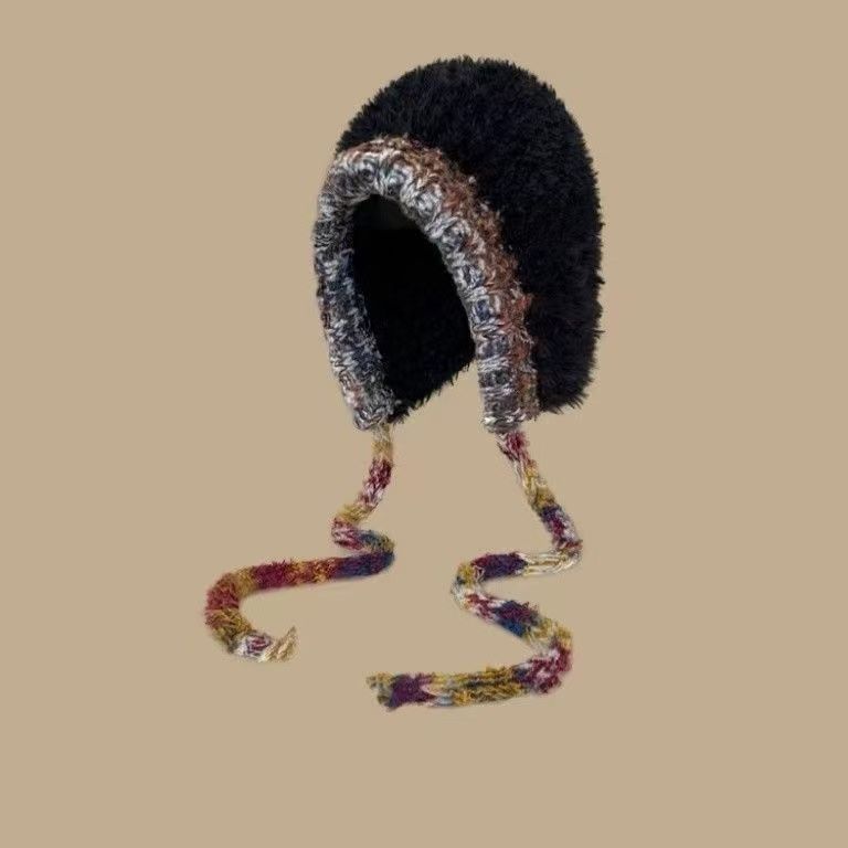 Korean style cute woolen hat for women, warm knitted hat with straps and ear flaps, popular outdoor beanie for autumn and winter.