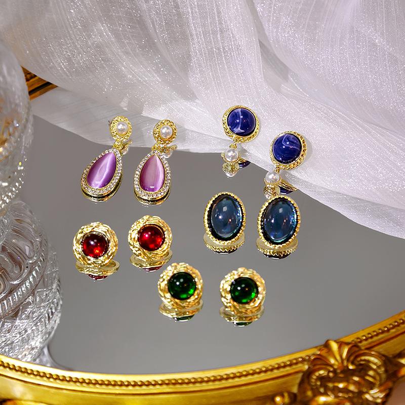French Colored Gemstone Earrings, Medieval Light Luxury Temperament Glass Stud Earrings, Wind Earrings.