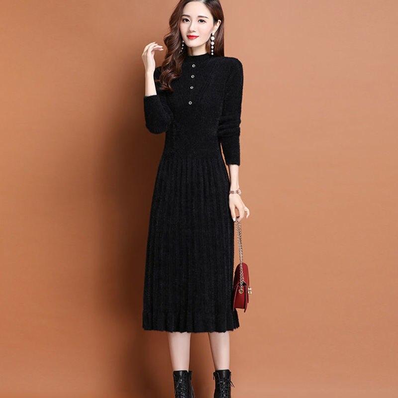 

Вязаный пуловер из искусственной норки, женский длинный свитер на осень и зиму 2023, пуловер до колена с длинными рукавами, женский свитер One Size чёрный