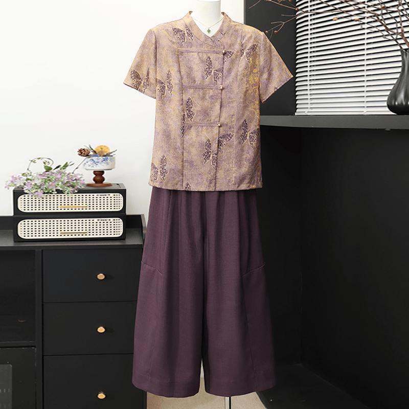 Mid-Aged Women s New Chinese Style Summer Two-Piece Set 4XL