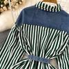 Korean Retro Women Denim Vest Shirt Spring Autumn Casual Loose Irregular Stitching Striped Fake Two