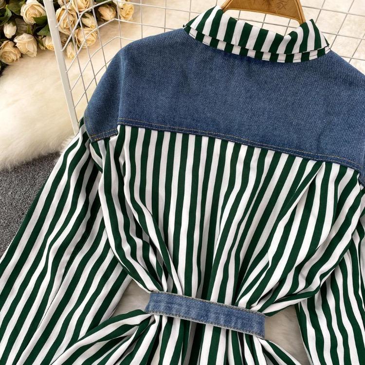 Korean Retro Women Denim Vest Shirt Spring Autumn Casual Loose Irregular Stitching Striped Fake Two