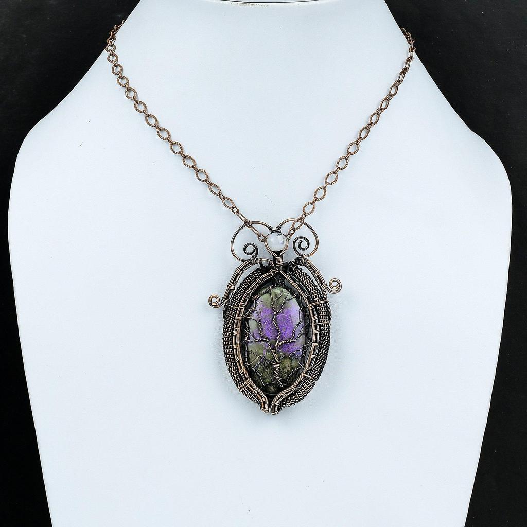 Tree Of Life Purpurite Pendant Copper Wire Wrapped Jewelry Rainbow Moonstone Pendant Handmade Copper Wire Pendant Gemstone Pendant For Gift