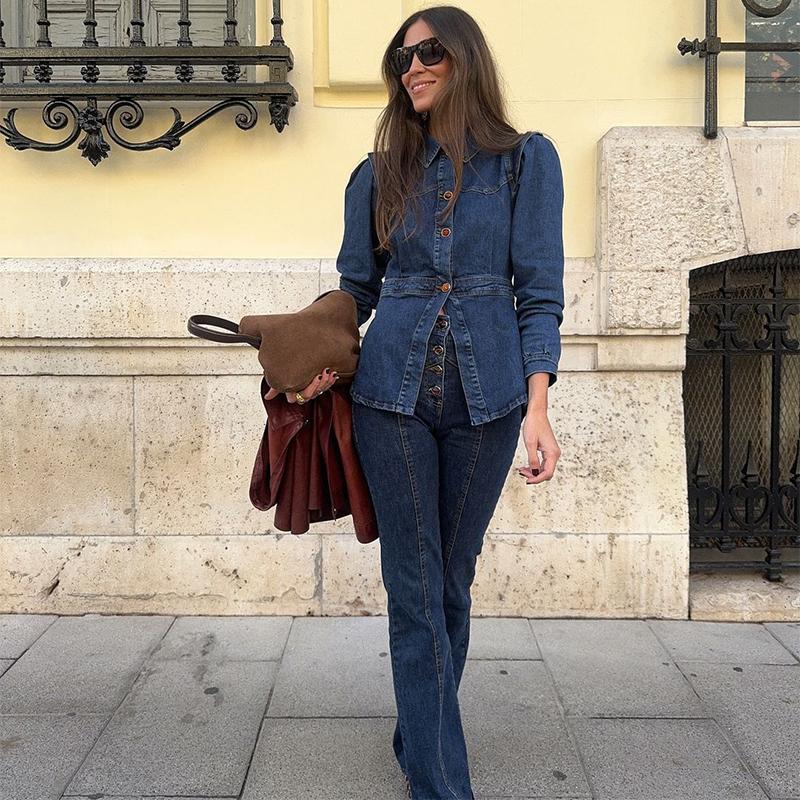 Ensembles décontractés en denim pour femmes, vestes slim à revers et manches bouffantes, pantalons droits taille haute, mode printemps 2025, ensemble 2 pièces pour femme