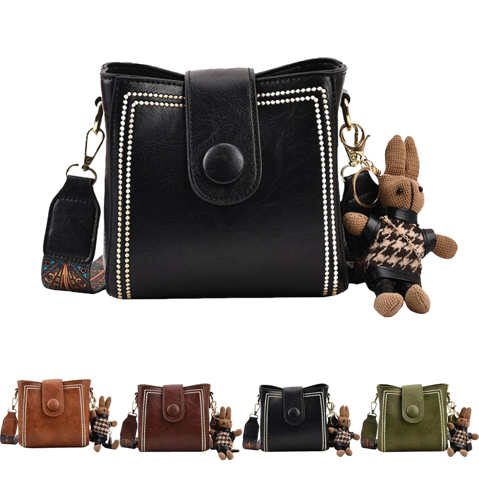 

Винтажная модная сумка с регулируемым широким плечевым ремнем, винтажная ретро-сумка для маленьких ведер для воды, с милыми подвесками в виде кукол One Size чёрный