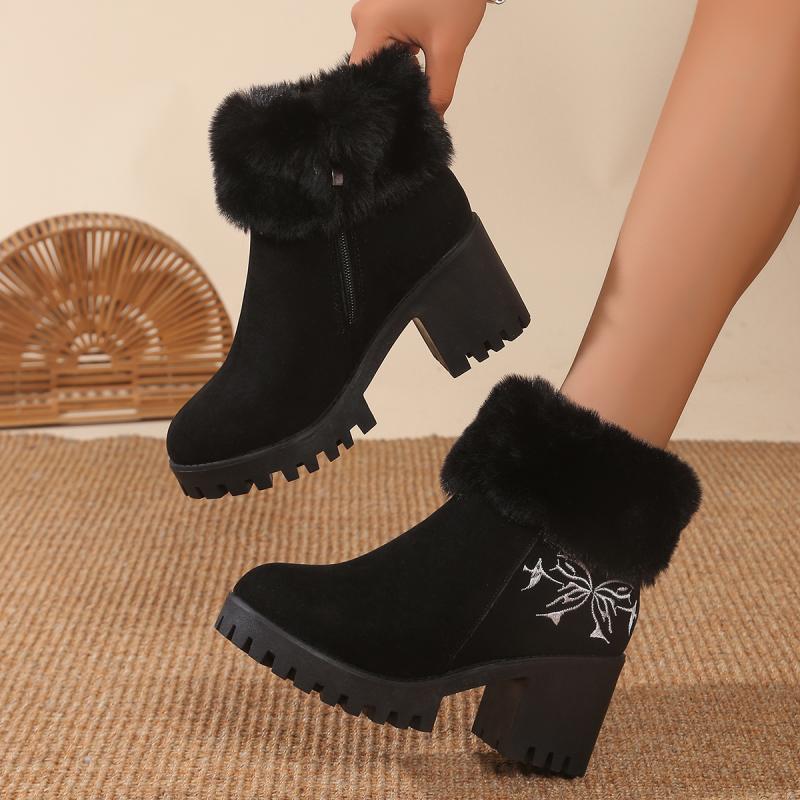 Chunky Platform High Heel Furry Ankle Boots Women 2025 Winter Non Slip Thick Bottom Suede Snow Boots Butterfly Embroidery Shoes