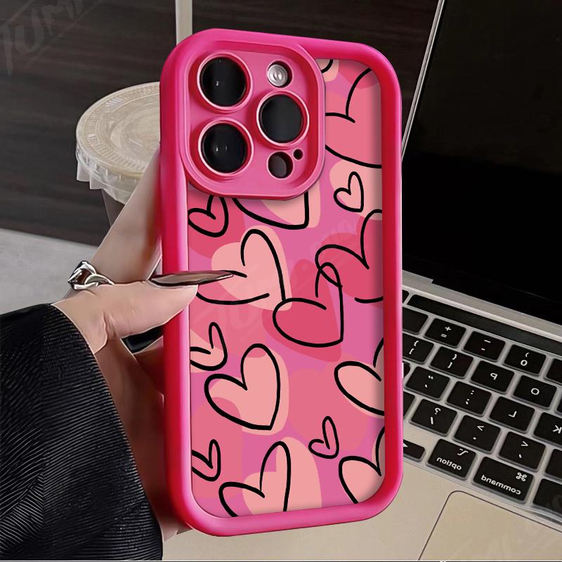 Pink heart pattern design Phone case iPhone 15 Pro Max 11 12 13 16 14 Plus Silicone Shockproof Case Lens protector shell