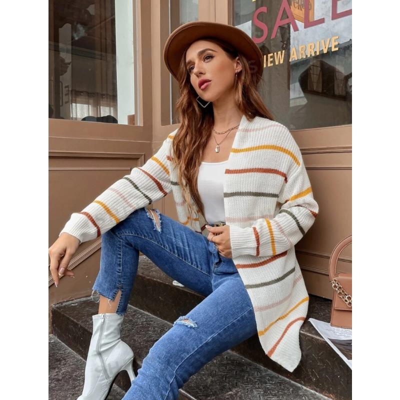

Женская мода повседневная осень-зима полосатый принт длинный рукав свитера XL белый