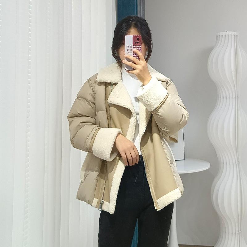 Winter fashion lamb wool splicing short suit collar white duck down jacket women's thickened coat tide