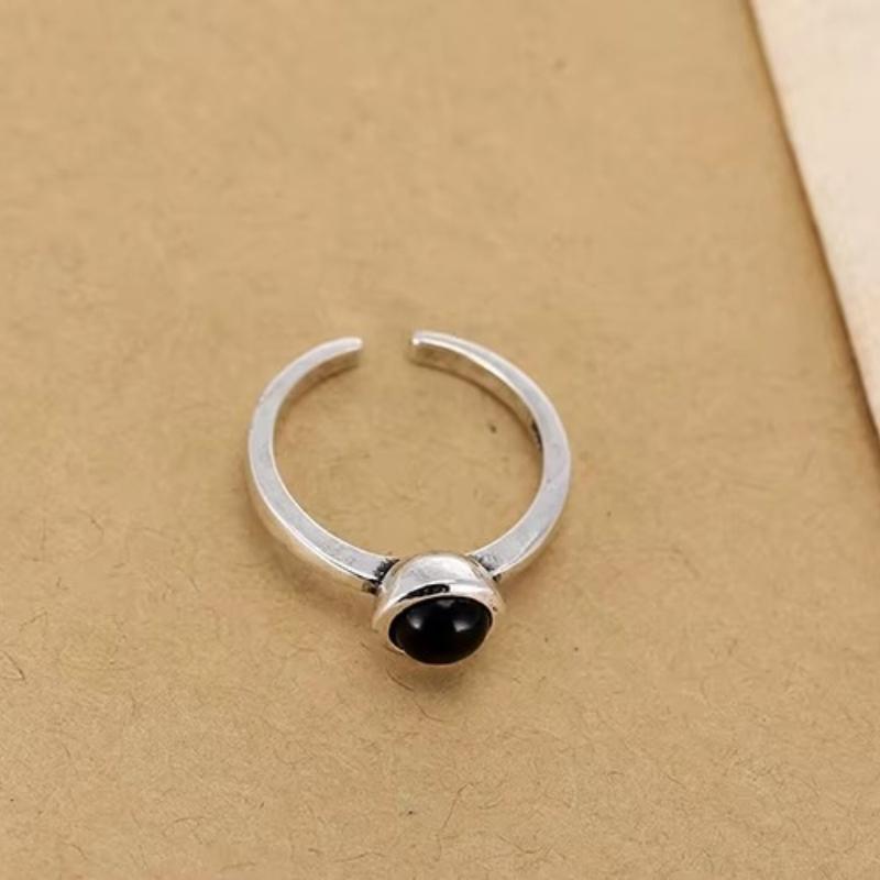 925 Sterling Silver Black Open Rings for Women Personality Simple Style Lady Prevent Allergy Sterling-silver-jewelry