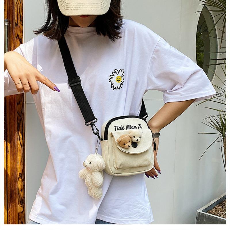 Bag Women's Bag New Crossbody Shoulder Bag Cartoon Cute Alphabet Canvas Student Summer Mobile Phone Bag