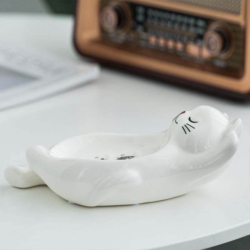 Moderne Schlichtheit Katzenablauf Seifenschale Keramik Seifenschale Heimgebrauch Ohne Stanzen Keramikhandwerk für Badezimmerdekoration
