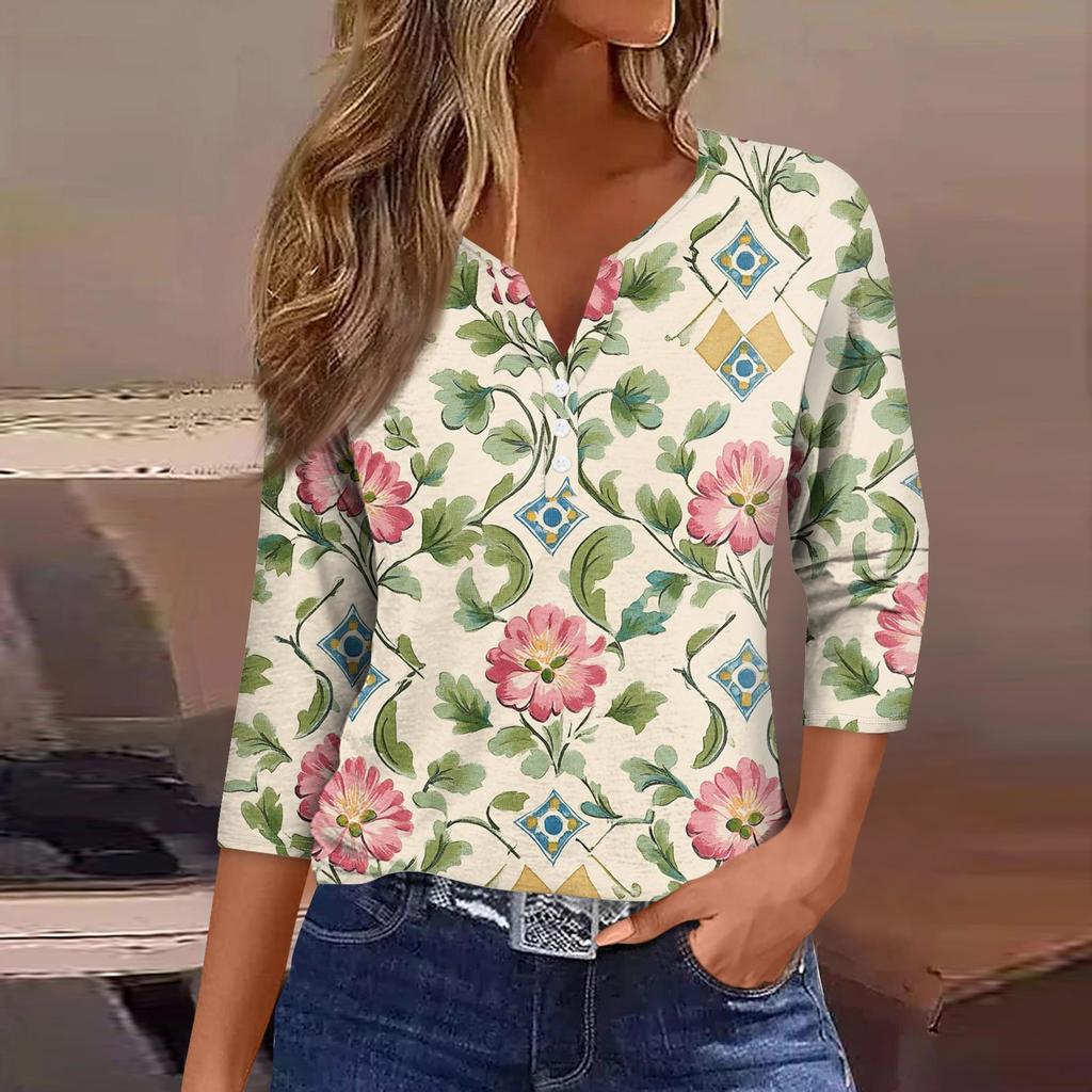 Women's Loose Casual Flower Print Seven Quarter Sleeved V-Neck Top Seven Quarter Sleeved V-Neck Top