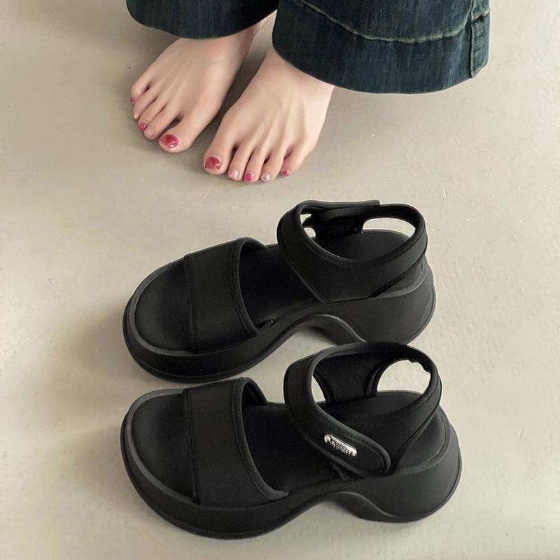 Versatile Heightening One-word Casual Wedge Sandals Women's Summer Fashion Thick-soled Round Head Velcro Roman Single Shoes