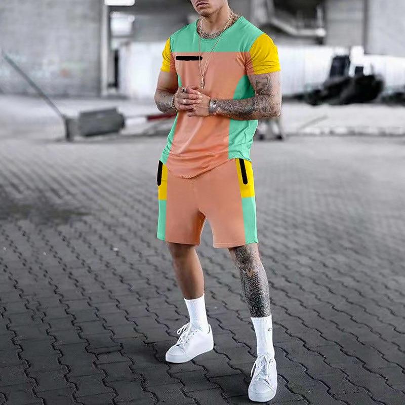 Men's Graphic Color Block 2pcs TeesShorts and T Shirt Set T-Shirt Outfits Short Sleeve Crew Neck Designer