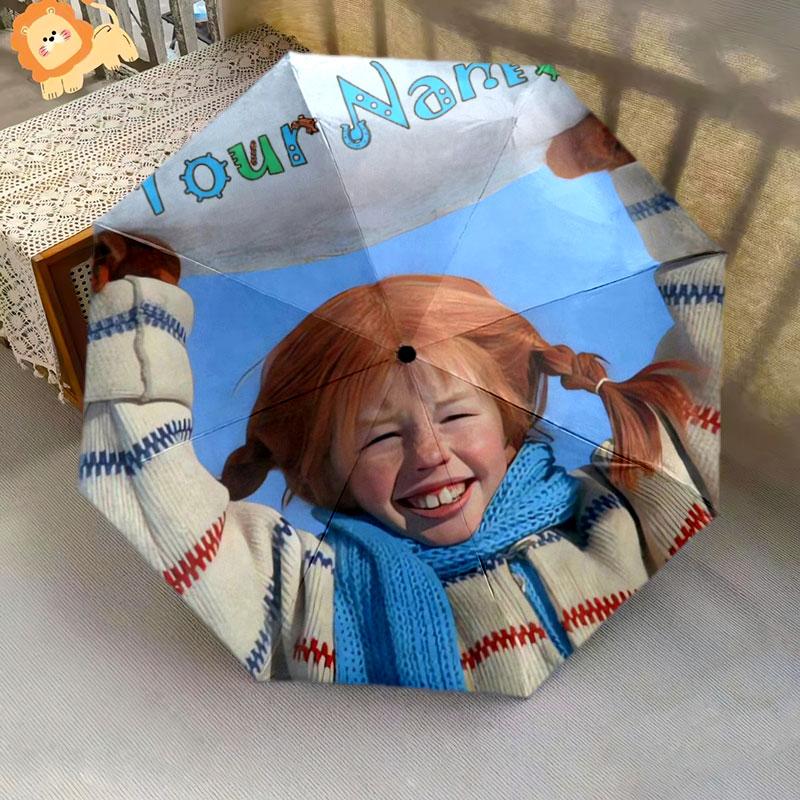 1 PC Automatic Folding Umbrella - Pippi Longstocking Custom Name Pattern, Portable & Foldable Design with 8 Ribs, Christmas Birthday Gifts