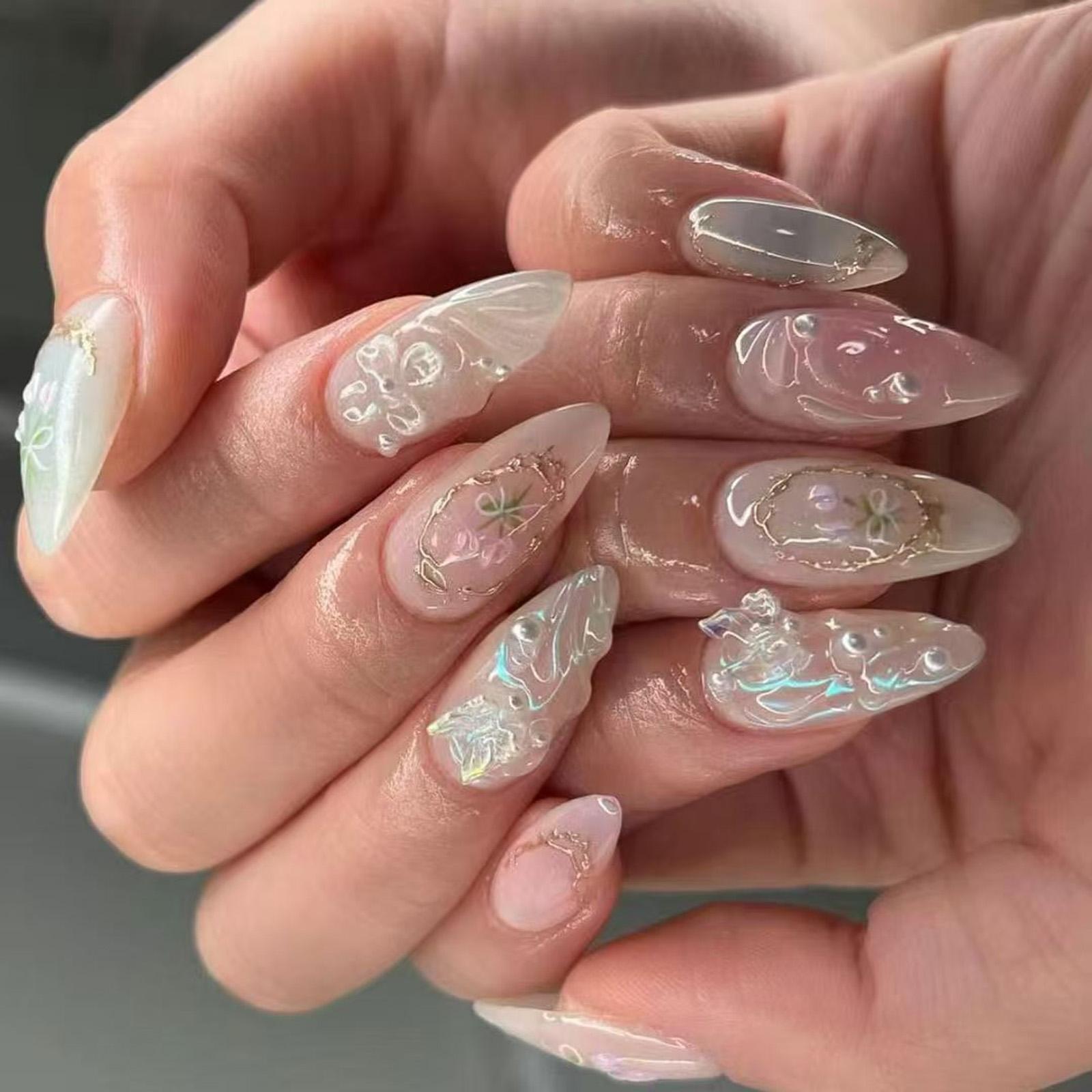 

24 шт. Накладные ногти-бабочки 3D цветок искусственные ногти банты полное покрытие наклейки на ногти средней длины миндалевидные накладные ногти