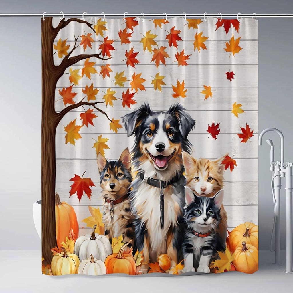Autumn Maple Leaf Pumpkin Shower Curtain Dog Cat Fall Thanksgiving Day Harvest Festival Retro Farmhouse Wood Board Polyester