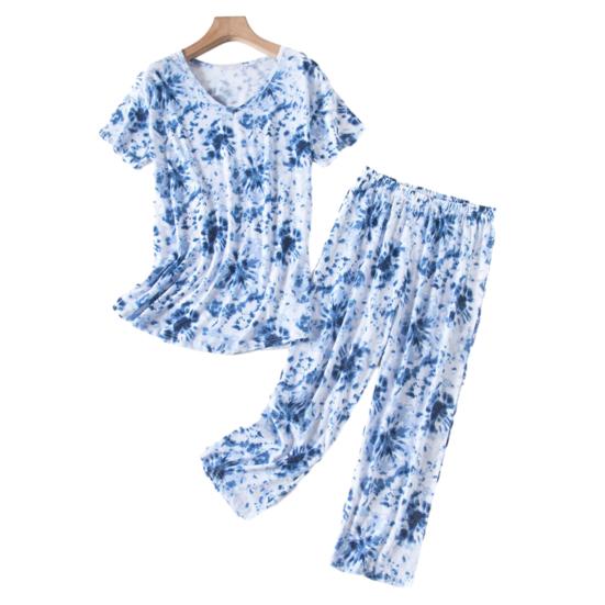 

Женский пижамный комплект из 2 предметов с принтом, короткий рукав, круглый вырез, длинные брюки, комплект одежды для сна, летняя повседневная домашняя одежда S синий