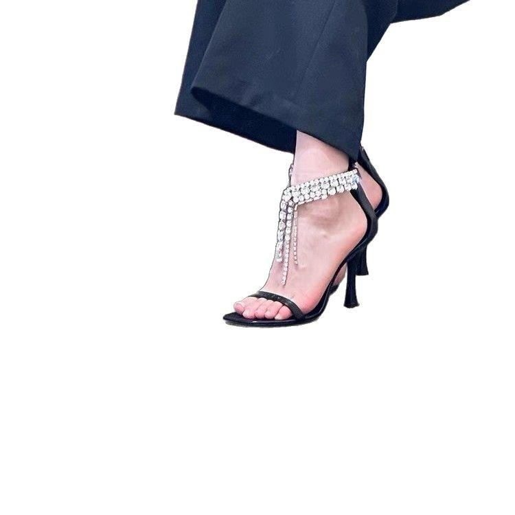 French rhinestone high heels women's stiletto 2025 new black temperament socialite sexy open-toed sandals