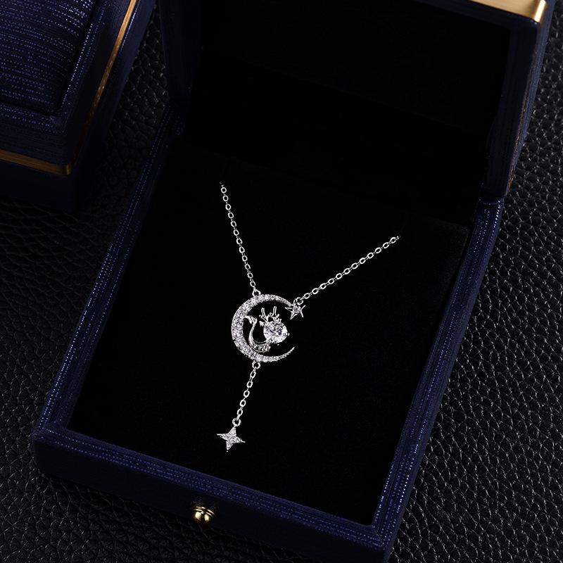 S925 Sterling Silver Moon Star Dragon Moissanite Pendant Necklace Tassel Style Sparkling Jewelry for Party Wedding Anniversary
