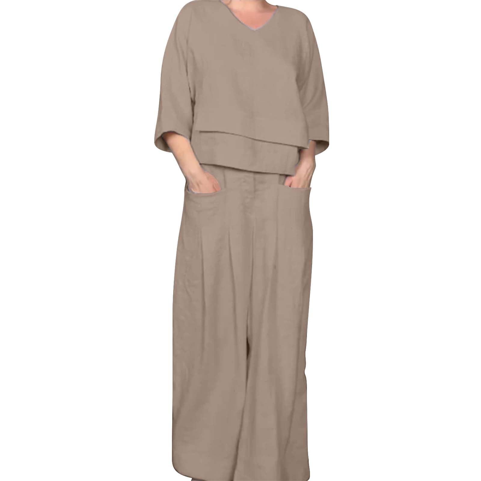 

Женский повседневный комплект из двухслойного топа с рукавами-семью точками, V-образным вырезом, свободным асимметричным кроем, широкими брюками и карманами XXL коричневый