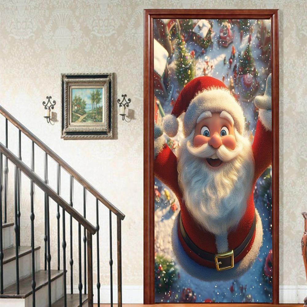 Christmas Santa Claus PVC Self-Adhesive Waterproof Door Sticker Modern Simulation Door Mural Wallpaper Living Room Study Home Decor Art Door Poster