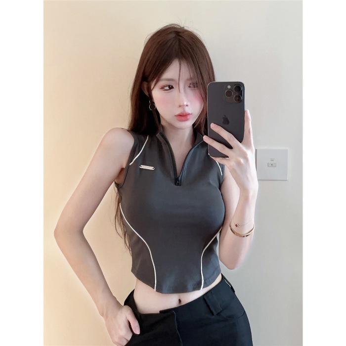 Sports Half Zipper Bottom Vest Women's Outer Wear Small Suspender Lines Spice Girl Skinny High Waist Sleeveless Top