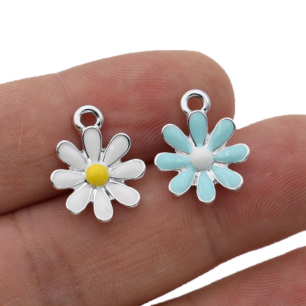 10Pcs Enamel Silver Plated Blue Flower Charm Pendant Jewelry Making Bracelet Necklace Diy Earrings Accessories