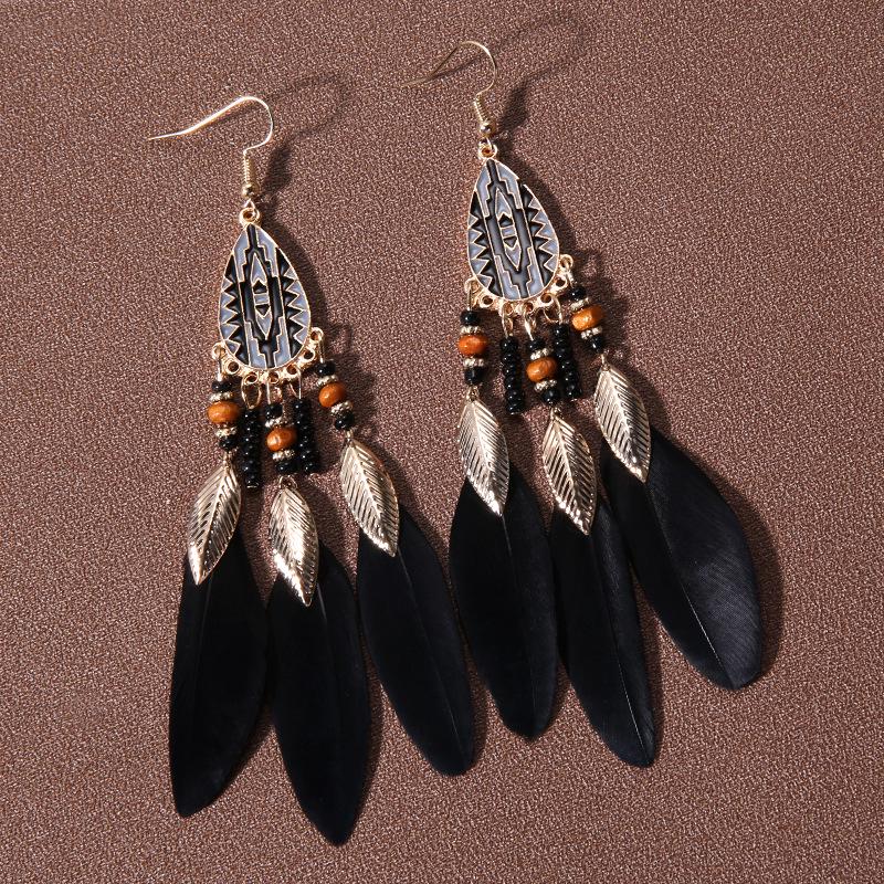 Bohemian Water Drop Tassel Earrings: Long Feather Design with Rice Beads, Ethnic Style for Women - Perfect Travel and Holiday Accessory