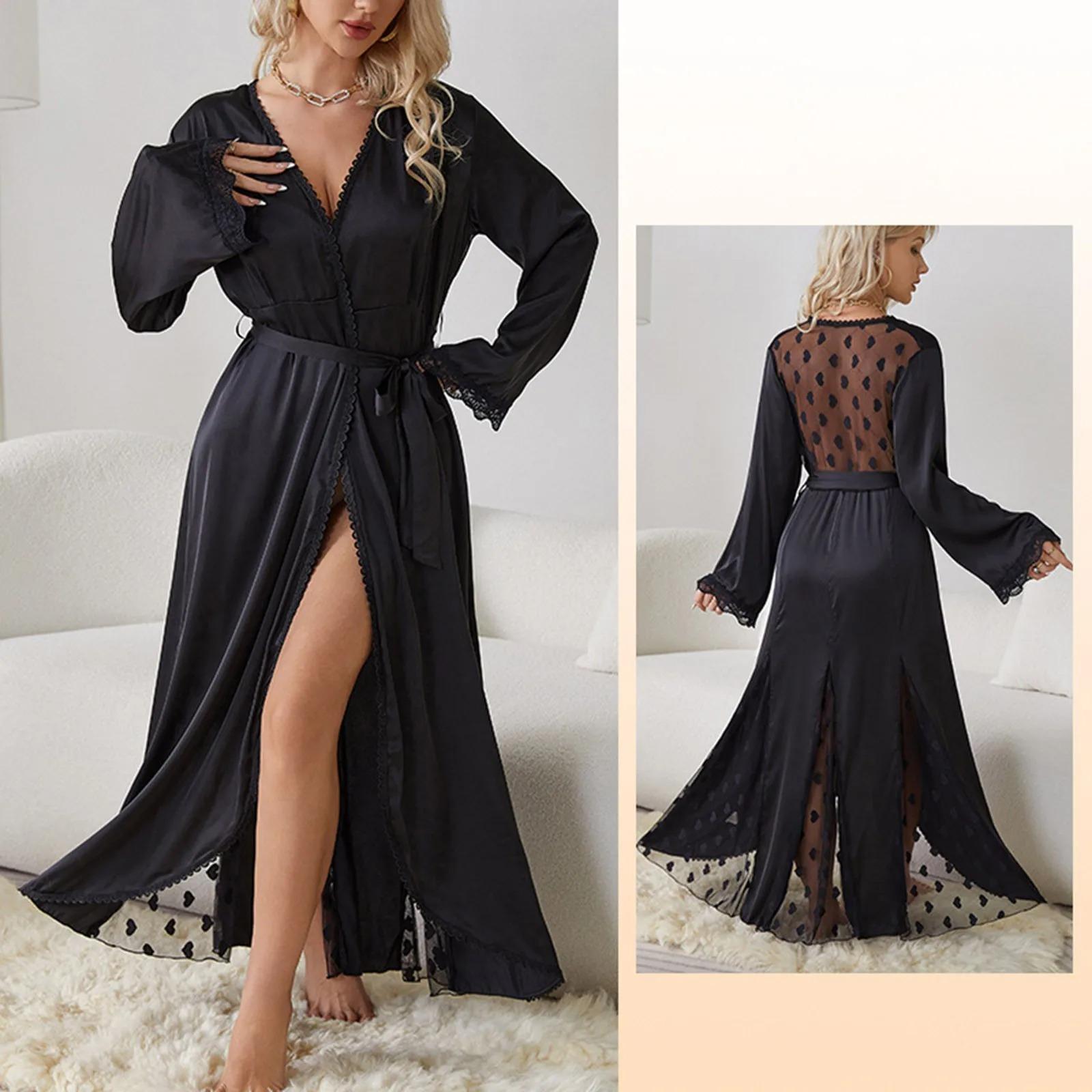 

Женский сексуальный халат, однотонная домашняя одежда, пижама из сетки Desire, утренний халат, атласный шелковый длинный халат, кружевная пижама, нижнее белье, платье L чёрный