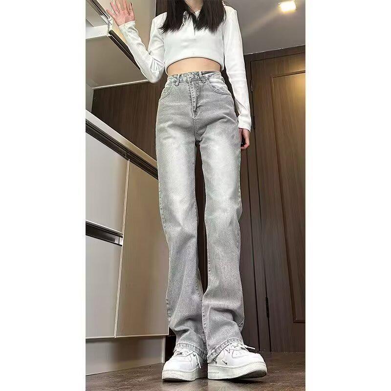 Women's Retro Gray High-Waisted Slimming Straight-Leg Jeans for Spring and Autumn
