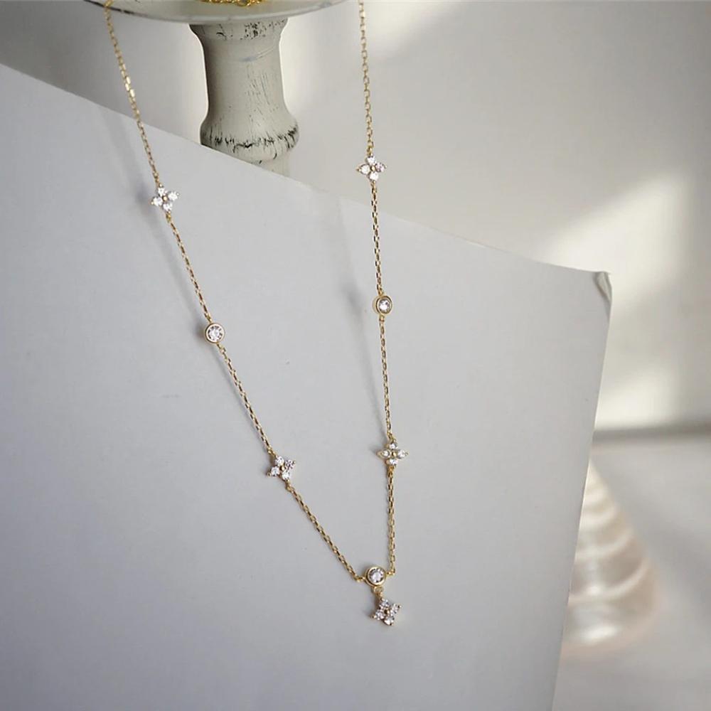 Inlaid Zircon Four-leaf Flower Chain Necklace Women Niche Light Luxury Stainless Steel Tassel Clavicle Choker Fashion Jewelry