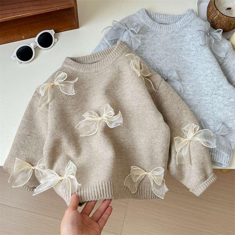 2025 Autumn Korean Girls' Sweater: Stylish Bow Knitwear for Children
