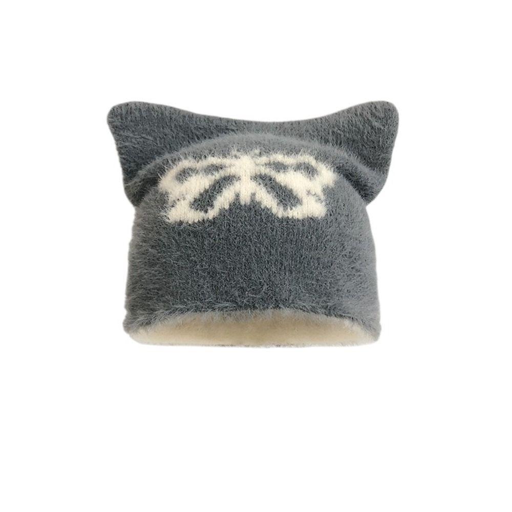 

Korean Style Knitted Pullover Hat Star Brimless Beanie Cap Fashion Cat Ear Woolen Hat Winter gray-butterfly