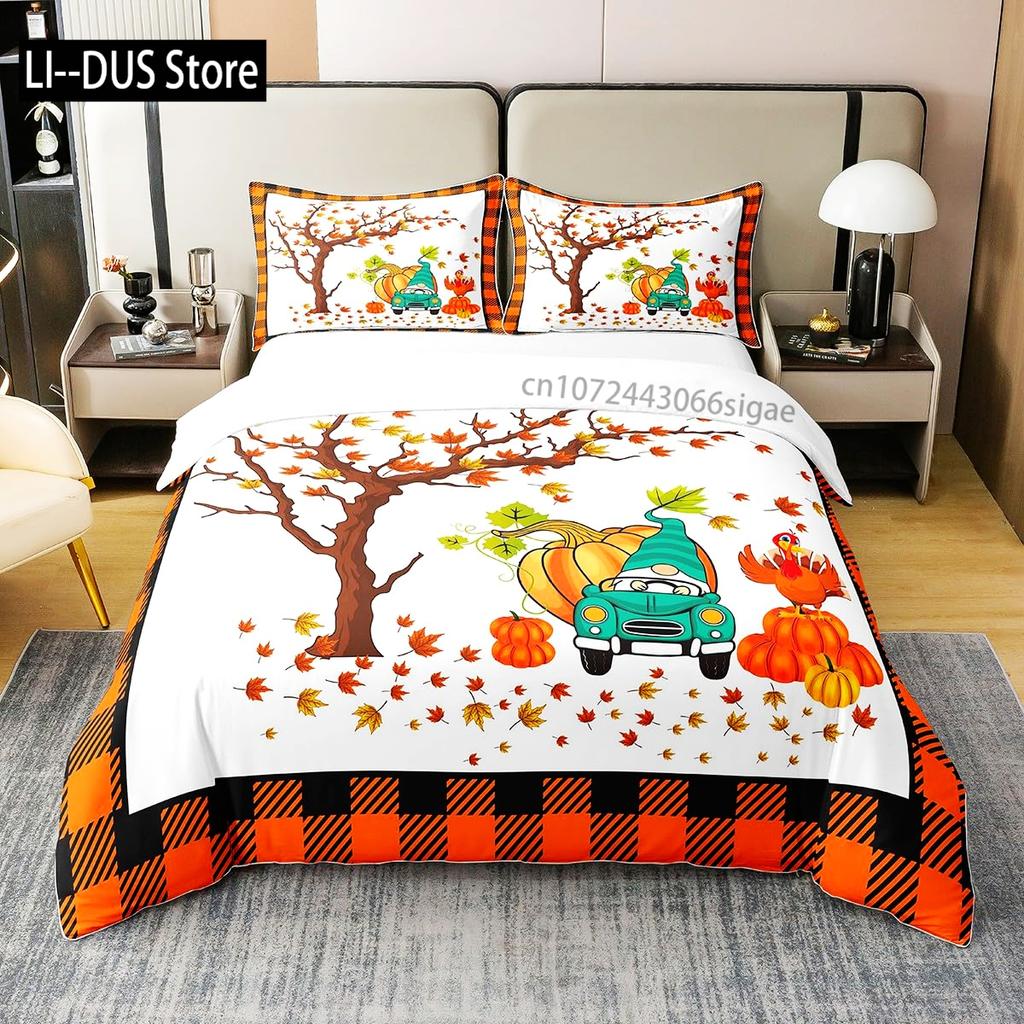 Autumn Pumpkin Duvet Cover Full Size 3 Pcs Watercolor Orange Maple Leaves Bedding Set For Kids Teens Adults With 2 Pillowcases