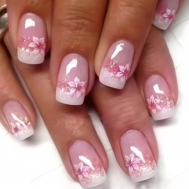 

24 шт. Короткие искусственные ногти с цветами Press on Nail French Full Cover Акриловые накладные ногти Stick on Nail Spring False Nail 1